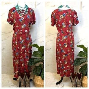 Vintage 𝅺Rayon Maxi Dress Cranberry Red Floral Size 10